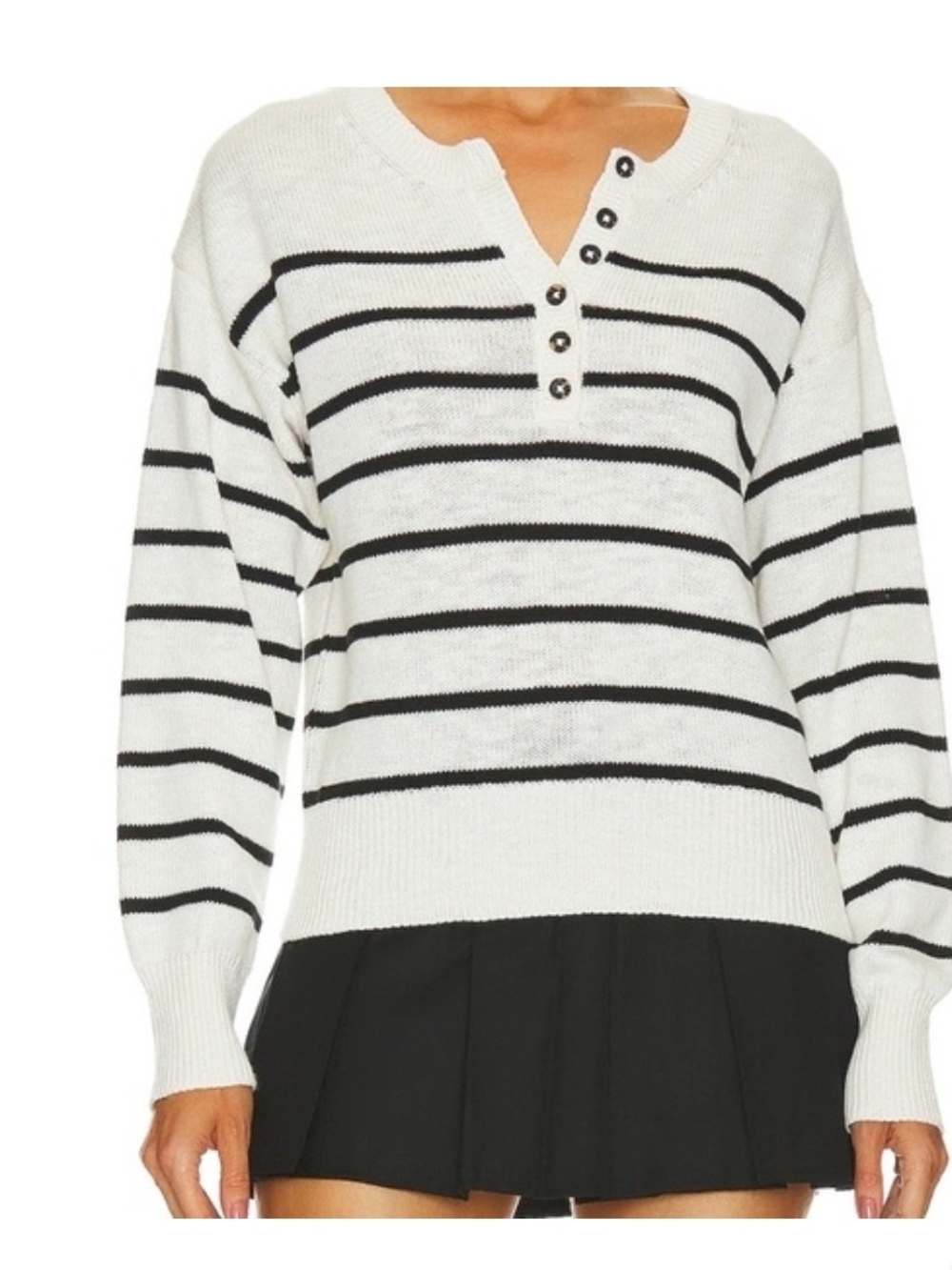 Sanctuary White Crew Sweater with Black Stripes and Henley Buttons